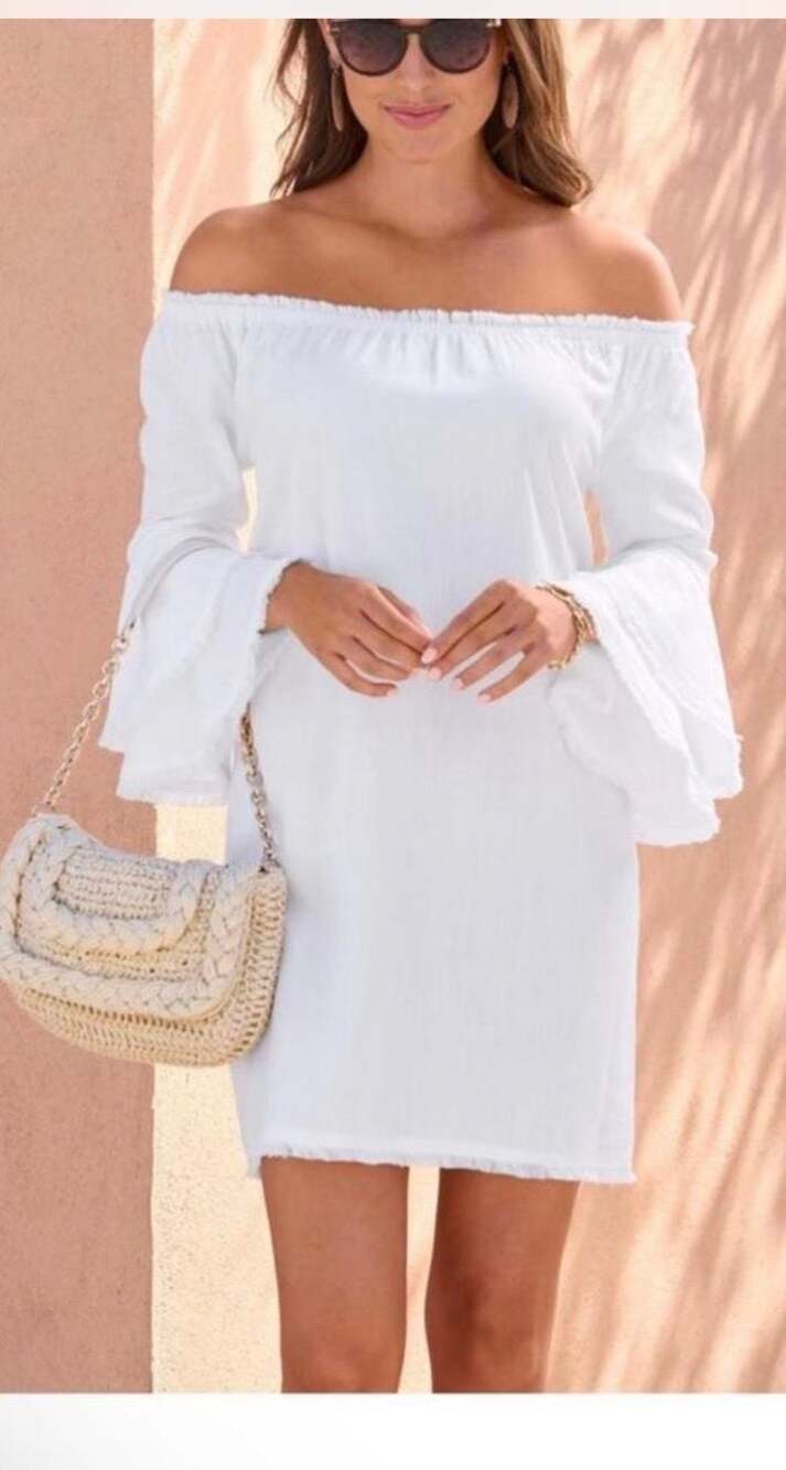 Boston Proper White Tiered Ruffle Sleeve Frayed Hem Dress Size M Boho